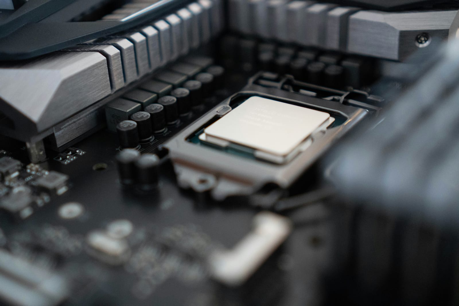 Close-up of a computer processor seated on a motherboard